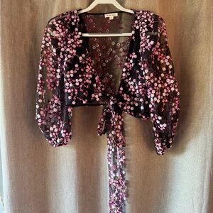 For Love And Lemons Black and Pink Floral Sequin Embroidered Tie Front Blouse